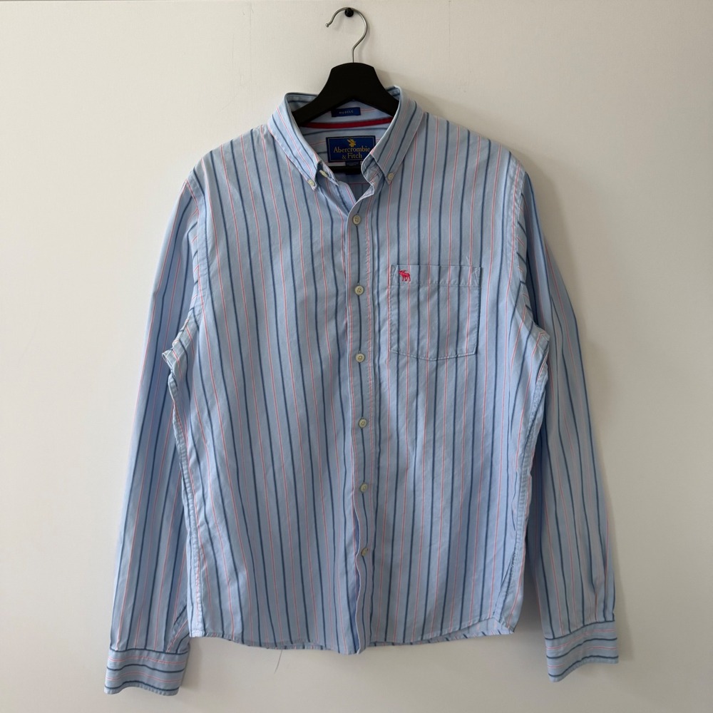 Abercrombie & Fitch Mens XL Muscle Fit Blue Striped Oxford Button Down Shirt